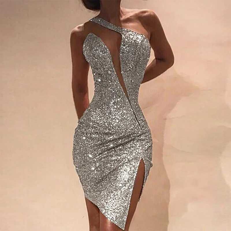 Elegant Ladies Sleeveless Irregular Designer Dress Sexy Slant Neck Sequin Hip Wrap Dress Fashion One Shoulder Slim Split Dresses M250522