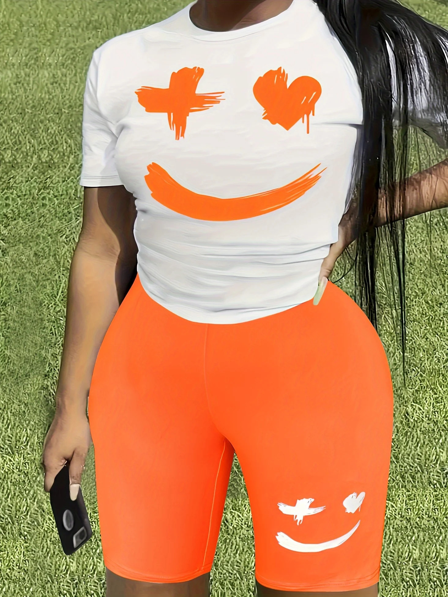 Plus Size Alphabets Expression Print TwoPiece Set Crew Neck Short Sleeve Top and Shorts Outfits with 250516Z