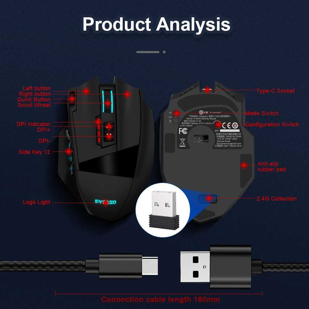 E-YOOSO X-33 RGB USB 2.4G Wireless Mouse 16000 DPI 16 Buttons Programmable Game Optical Mice for Computer PC Laptop R250522