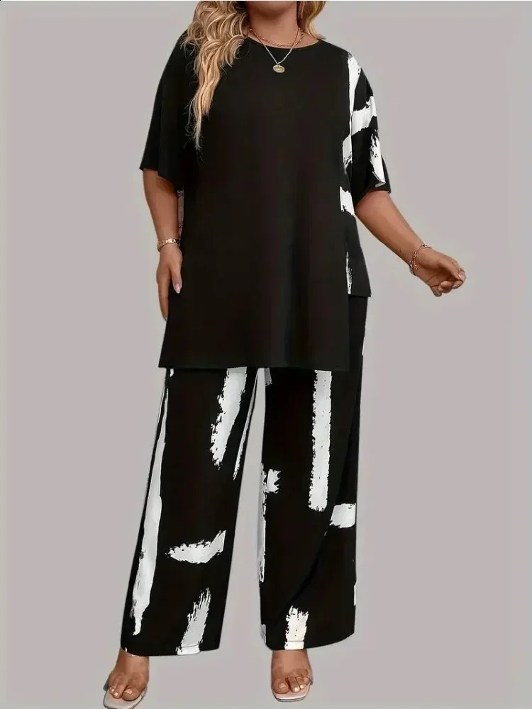 Plus Size1XL5XL Womens Elegance Brush Print Short Sleeve Round Neck Split Top Matching Pants 2 Piece Outfit Set 250516Z
