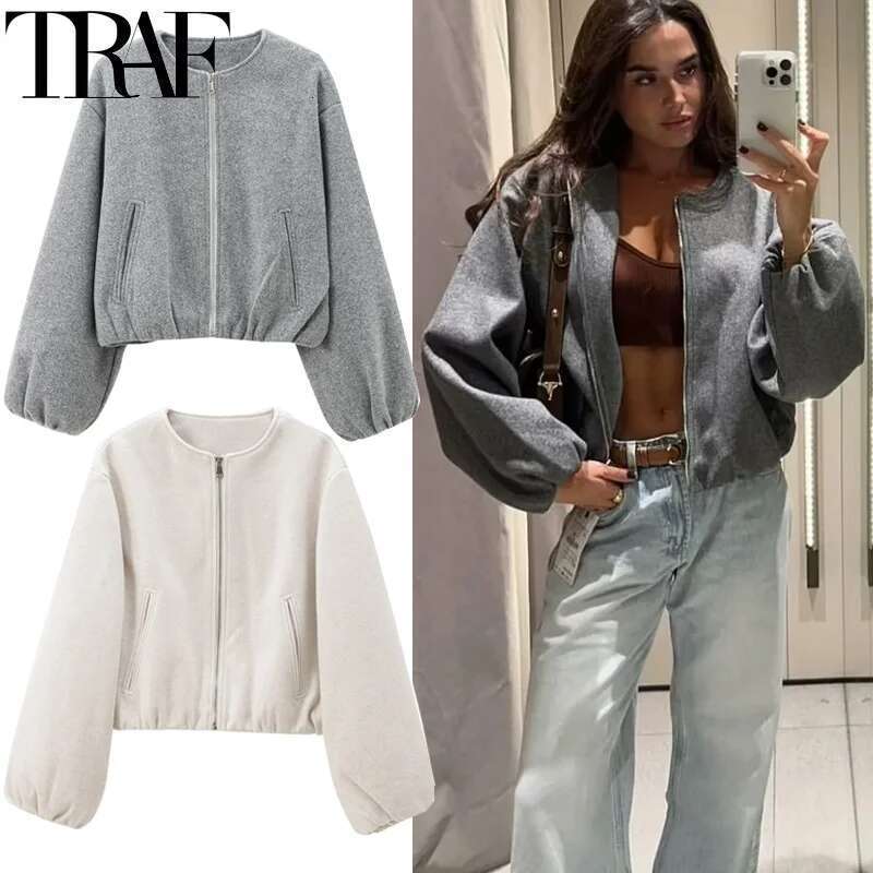 Coats Designer Women TRAF Outerwears Cropped Bomber Jacket Women Autumn Long Sleeve Faux Wool For Woman Winter Zip Up Gray Beige Short Coats Designer