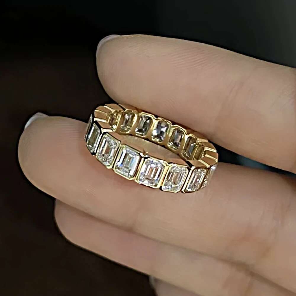 BXINY 3*4mm Emerald Cut Moissanite Rings S925 Silver D Color Lab Diamond for Women Men Full Eternity Band Gifts Fine Jewelry GRA