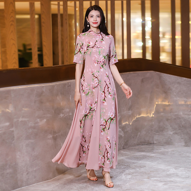 High Elegance Womens Short Printed Chiffon Cheongsam Maxi Dress for Summers