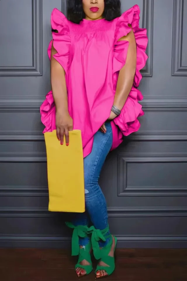 Plus Size 2024 Fashion Fly Sleeveless Women Blouses Vintage Ruffled Party Shirts Casual Summer Round Neck Elegant Blusas 250521