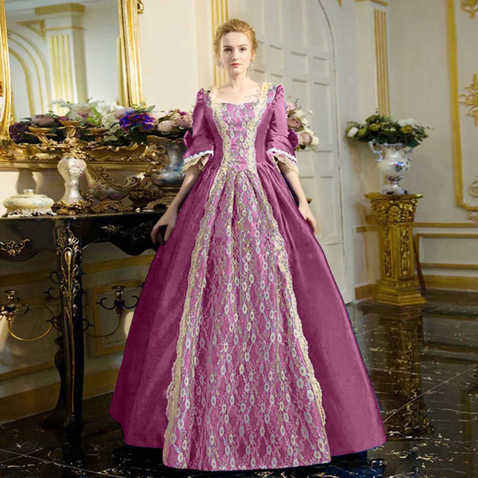 Princess Queen Elegant Ball Party Formal Maxi Dress Medieval Lace Splicing Square Collar Renaissance Victorian VESTidos M250522