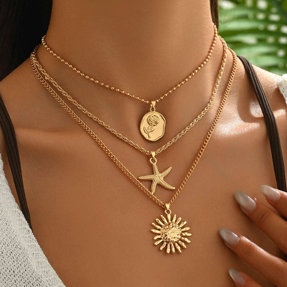 Jewelry - Rose Flower Starfish Sun Zinc Alloy Pendant Necklace, Minimalist Versatile Cuban Chain Necklace for Women