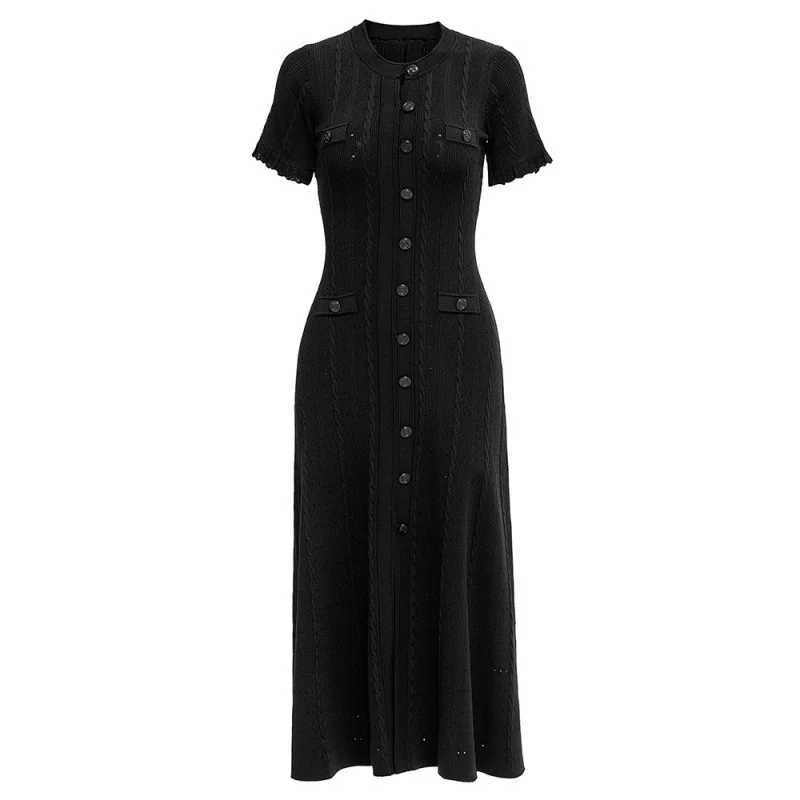 French Elegant Summer Solid Round Neck Short Sleeved Office Lady Knitted Dress Women Korean Single Breasted Long Dress Fashion M250522