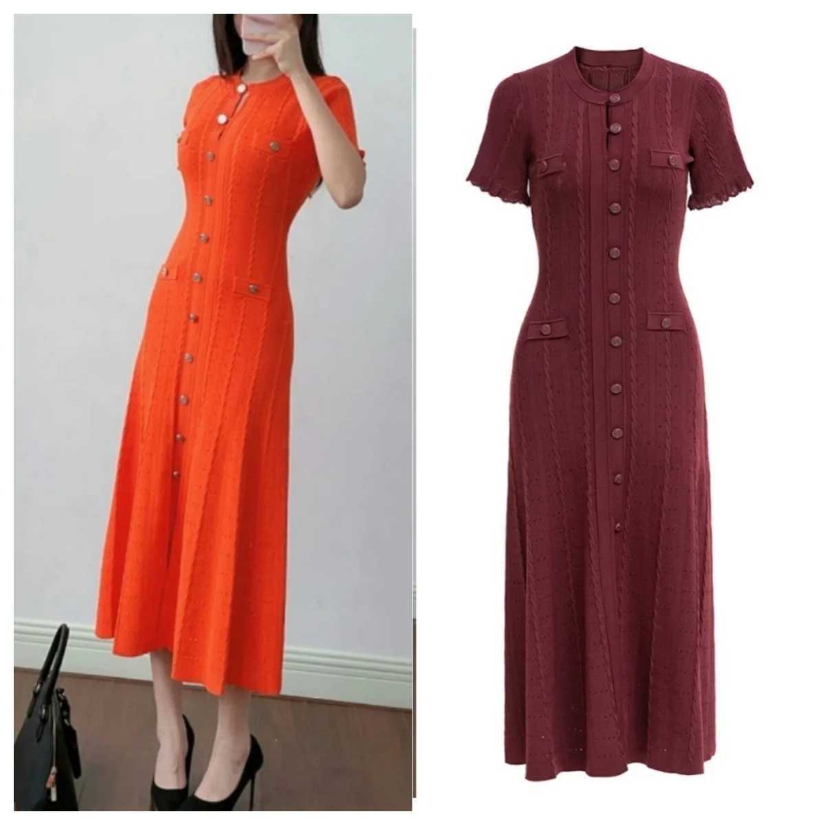French Elegant Summer Solid Round Neck Short Sleeved Office Lady Knitted Dress Women Korean Single Breasted Long Dress Fashion M250922
