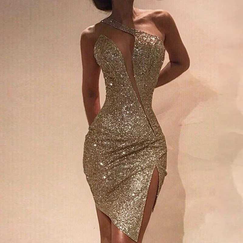 Elegant Ladies Sleeveless Irregular Designer Dress Sexy Slant Neck Sequin Hip Wrap Dress Fashion One Shoulder Slim Split Dresses M250522