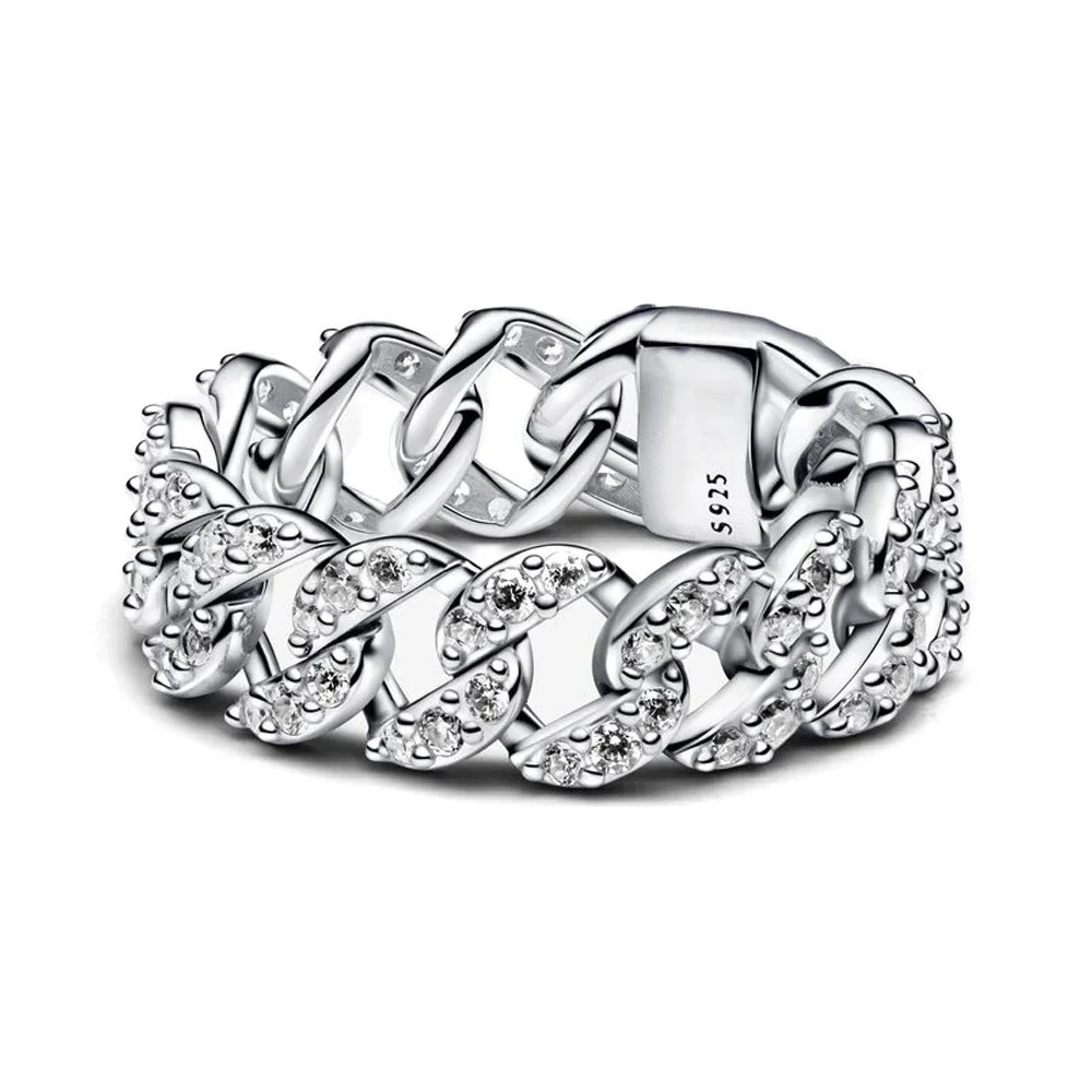 925 Sterling Silver Shining Cuban Chain Rings For Women Fine Wedding Engagement Birthday Jewelry Christmas Gifts 250522