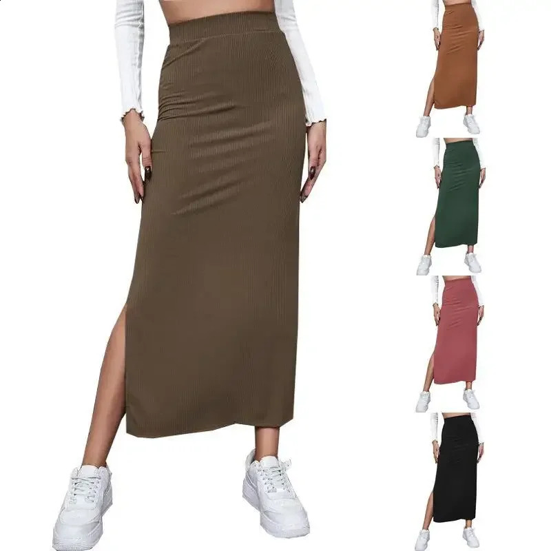 Pure Color Wrap around Long Split Midiskirt for Women Autumn Style CrossBorder Fashion Polyester Fiber Bodycon Skirt 250513Z
