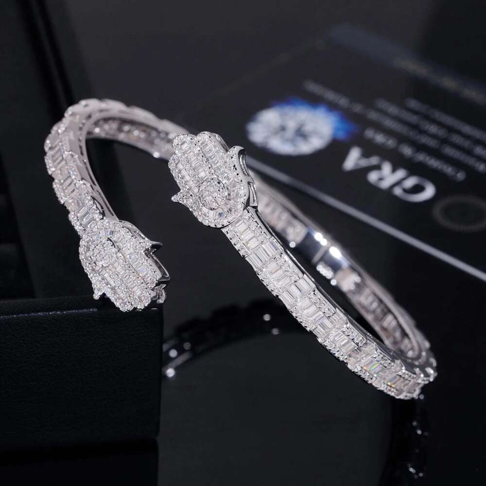 Hiphop Iced Bling Baguette Cut Moissanite Hamsa Hand Cuff Bangles 925 Sterling Silver Fatima Bracelets Pass Diamond Tester Gift