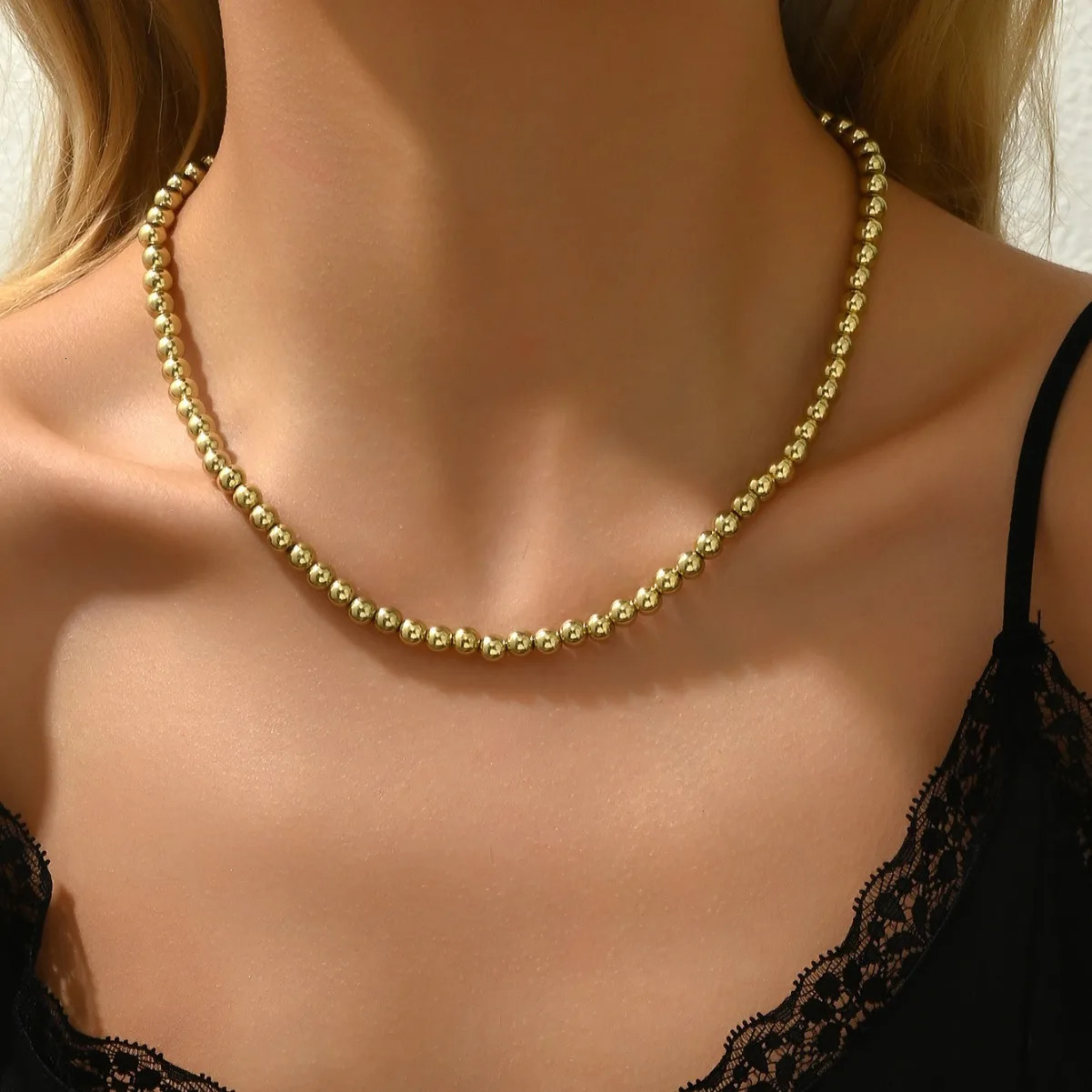 MHS.SUN Fashion Stainless Steel Gold Color Ball Beaded Pearl Necklace 4/6/8/10MM Metal Beads Adjustable Jewelry for Women Men 250522