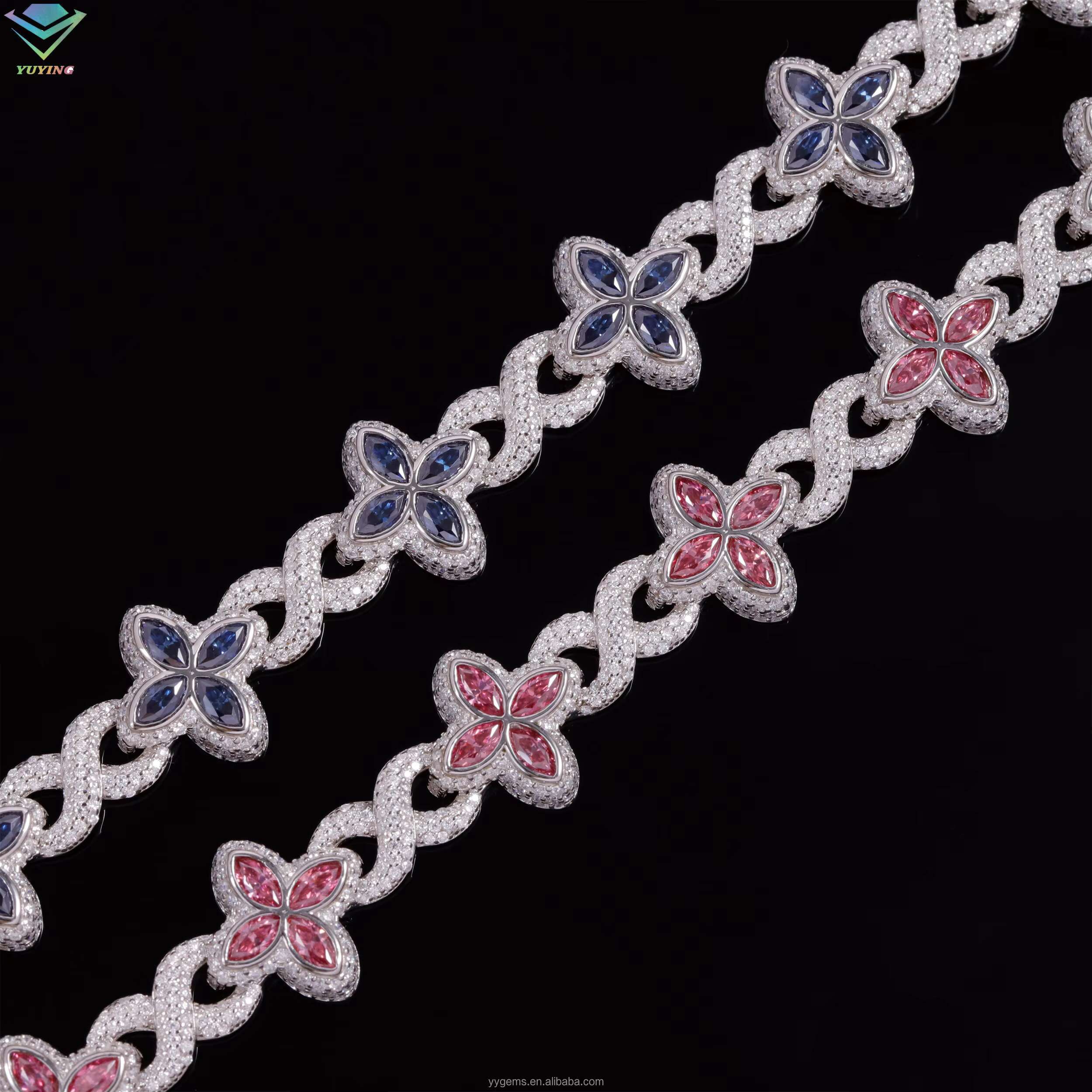Cuban Jewelry S925 Sterling Silver Gold Clover Pink Green Blue Diamond Cuban Hip Hop Moissanite Bracelet with GRA Certificate