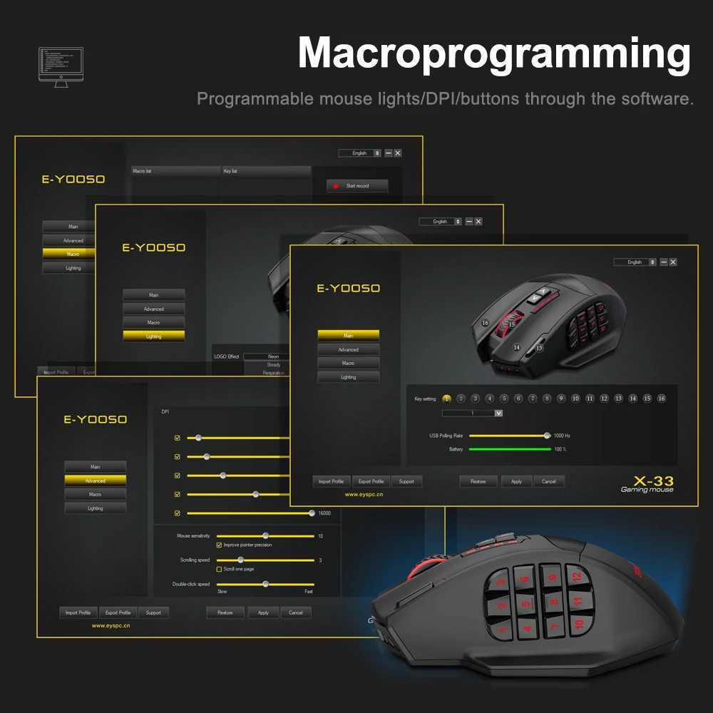 E-YOOSO X-33 RGB USB 2.4G Wireless Mouse 16000 DPI 16 Buttons Programmable Game Optical Mice for Computer PC Laptop R250522