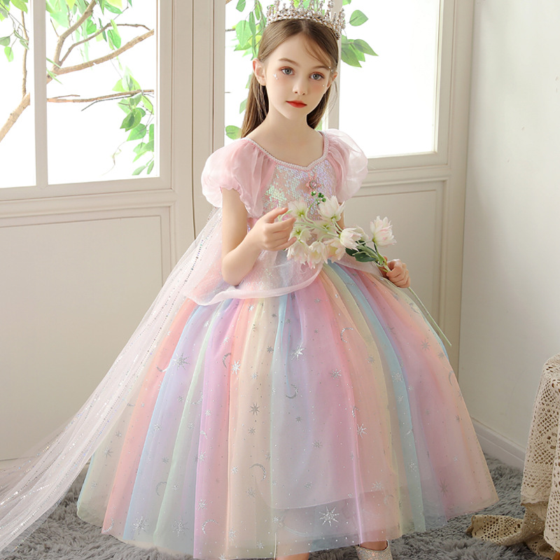 DISNEY infant designer clothes toddler designer clothes Princess Elsa Princess dress girls summer little girl rainbow dress children's day perfor