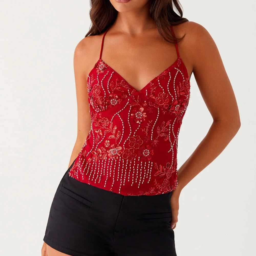 Womens Boho Sexy Sequin Sparkle Halter Crop Tops Sleeveless Backless Bandage Cami Tank Tops Y2k Coquette Camisole Club Party M250513