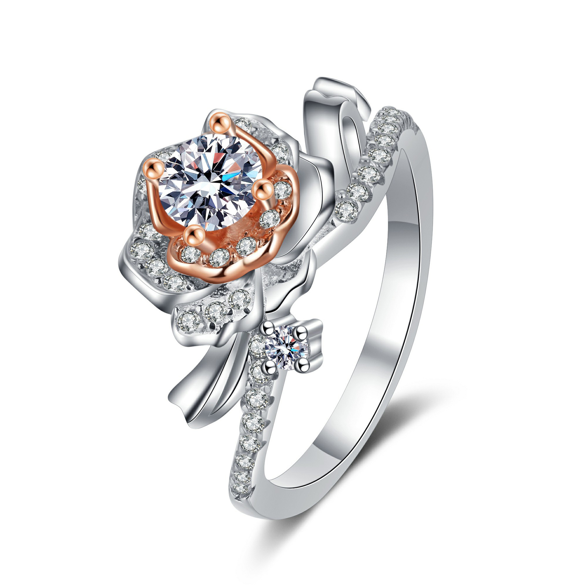 925 Sterling Silver Rose Gold Moissanite Ring, Floral Design with Diamond Accents, Elegant Engagement or Wedding Ring for Women