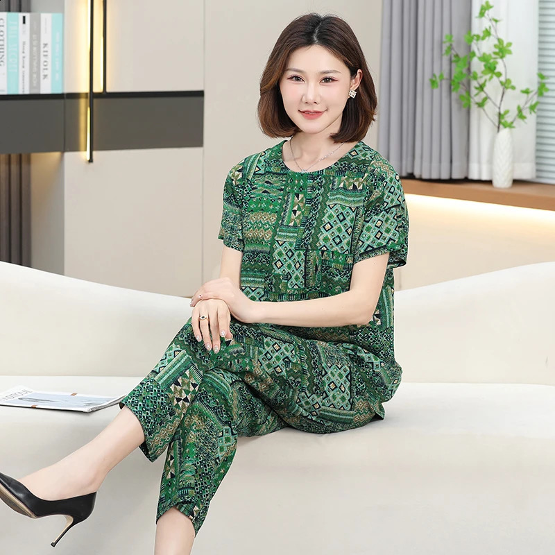 Geometric Rhythm Lounge Set CottonBlend Versatile Comfort Tshirts Pants Natural Aesthetic Plus Size 2025 Summer Loose Suit 250516Z