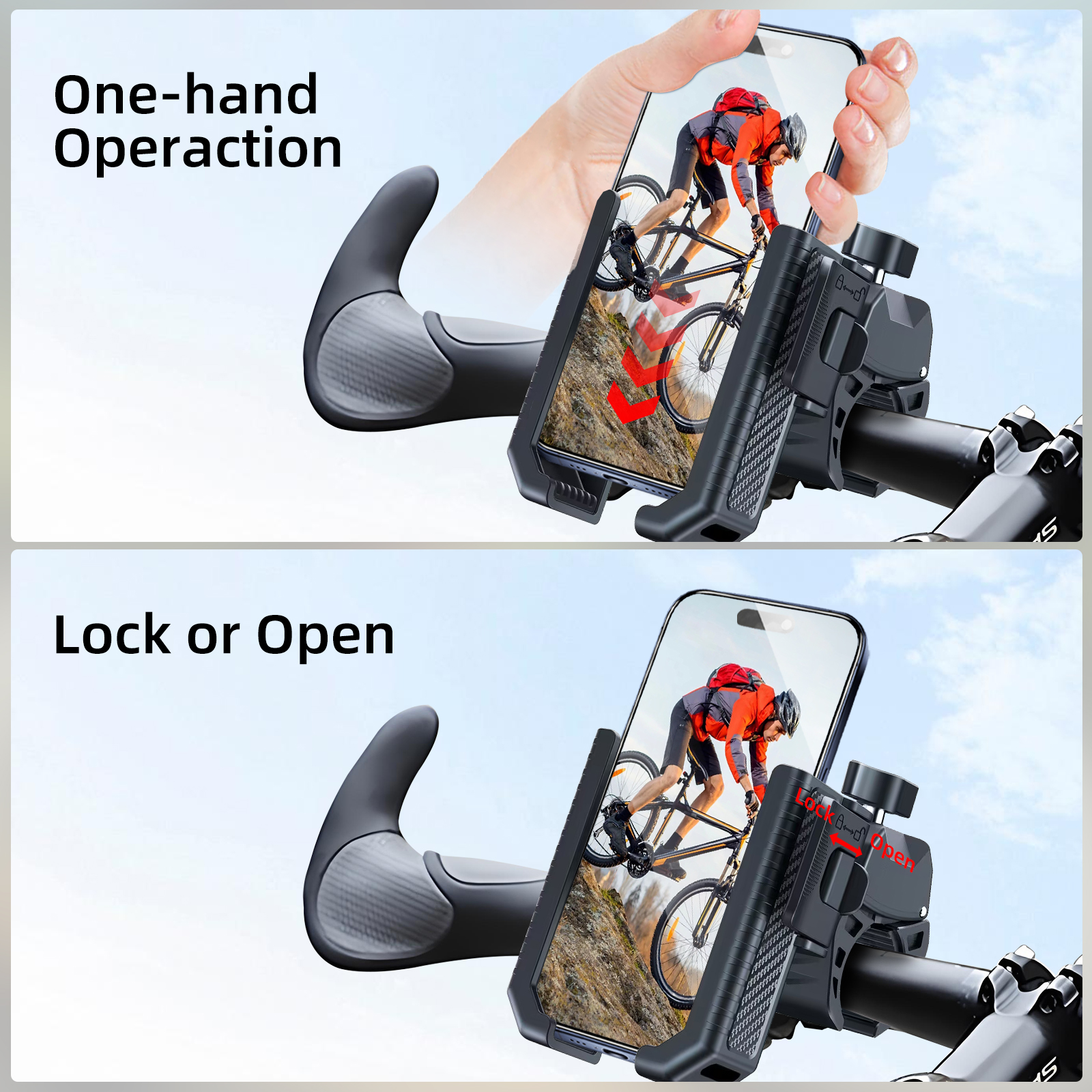 Bike Phone Mount Holder, Motorcycle Handlebar Clamp One-Hand Release & Quick Lock - 360 Degree Rotation Compatible with iPhone & Android Smartphones f