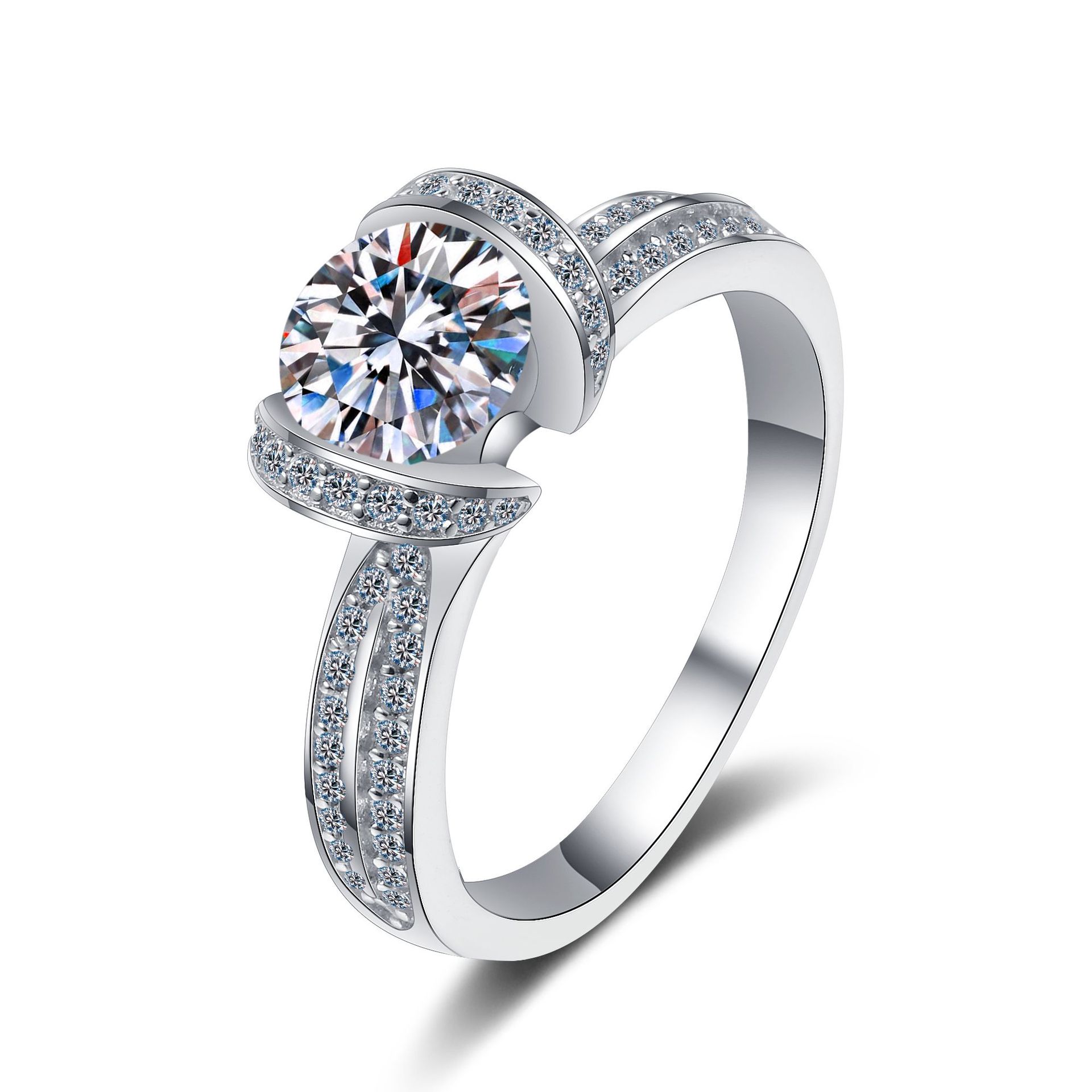 925 Sterling Silver Ring with Moissanite Center and Full Diamond Accent, Elegant Engagement Ring for Women