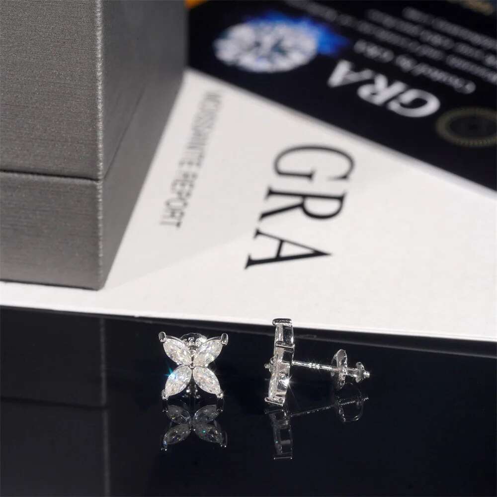 9x12mm Iced Marquise Moissanite Clover Earrings Screwback 925 Sterling Silver Fine Jewelry Bling Diamond Stud Earrings Wholesale