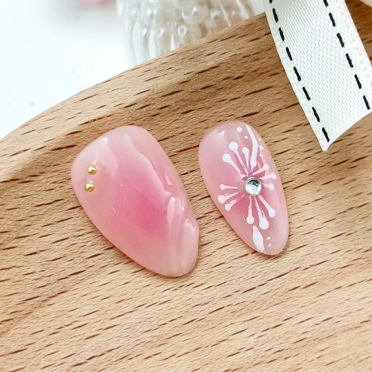 10pcs 3D Hand drawn Flowers Handmade Press-on nails Short Almond Nails Bundle Pink Sweet Pearl Elegant Finished nail stickers Free storage box jelly g