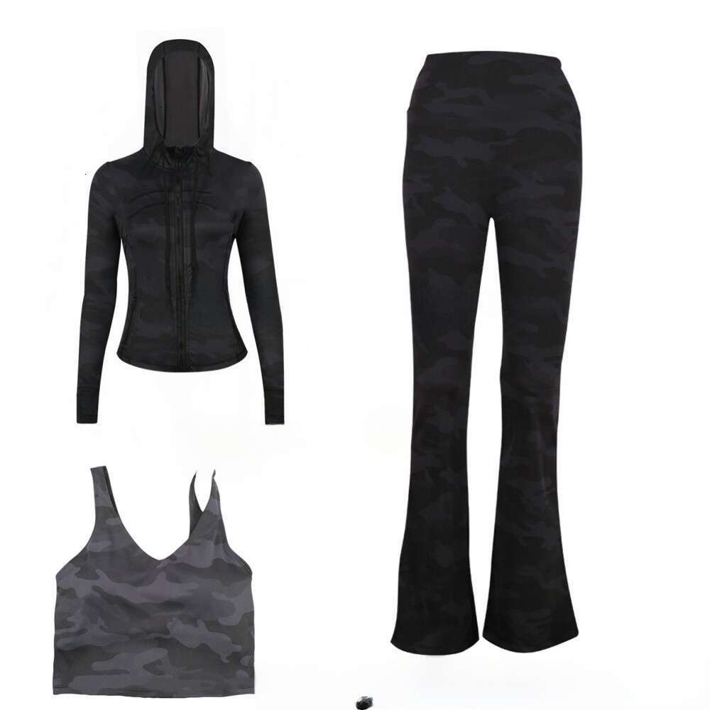 Designer Women Yoga Clothes 3 Piece with Long Sleeve Hooded Jacket Crop Top Vest and Bell Bottom Leggings Pants Comfortable Stretchy Gym Set Pilates A