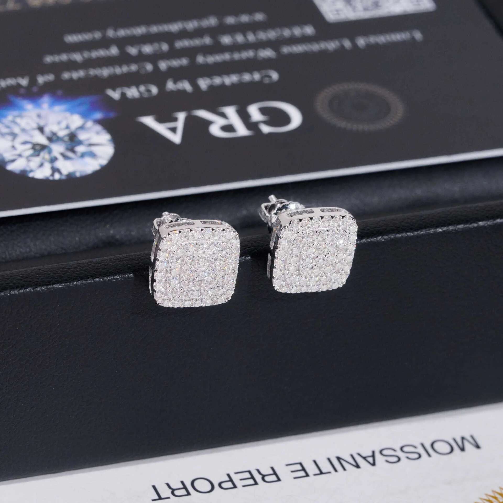 10mm Iced Out Moissanite Square Cluster Stud Earrings Screw Back 925 Sterling Silver Lab Diamond Halo Earrings Men Hiphop Rock