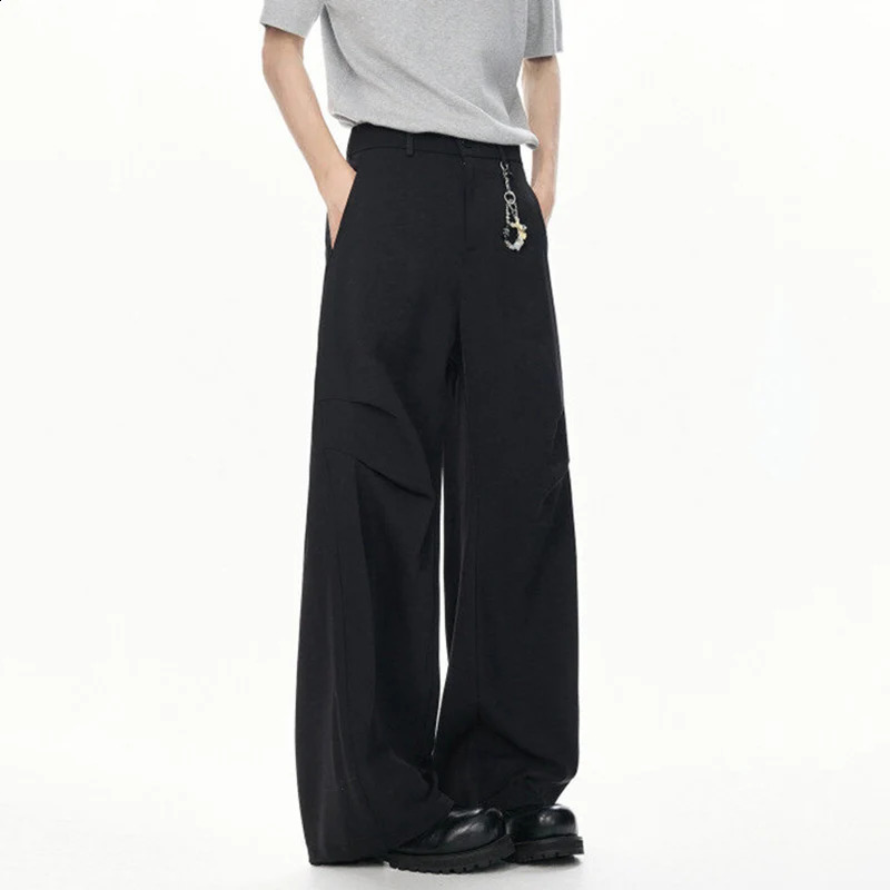 FEWQ Korean Style Mens Suit Pants Solid Color Ice Silk Pleated Casual Bottom Drape Wide Leg Loose Male Trousers 24K4297 250521