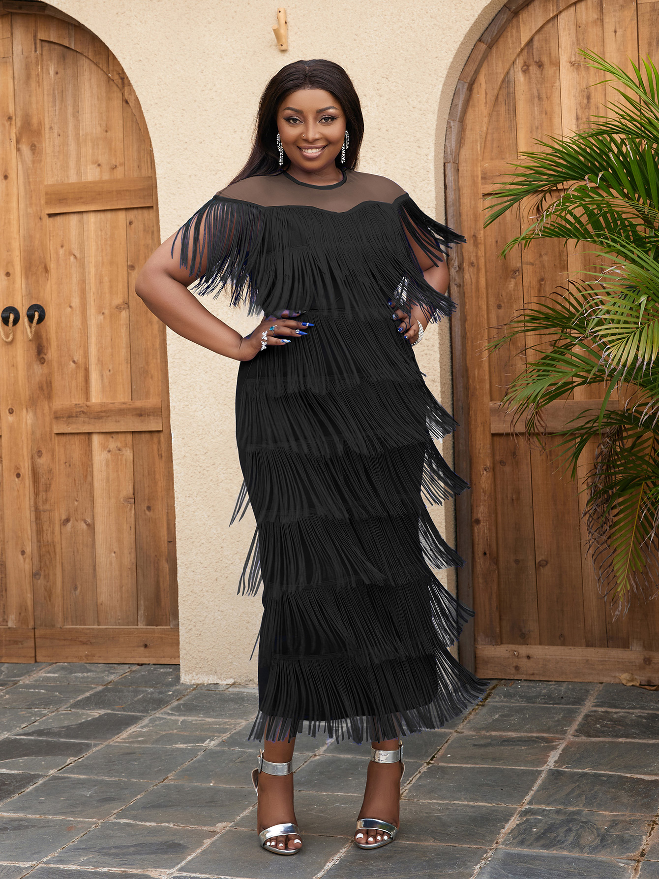 Chic Plus Size Women Peplum Evening Stitching See Through Long Fringes Tulle Dresses Prom Wear AM210516