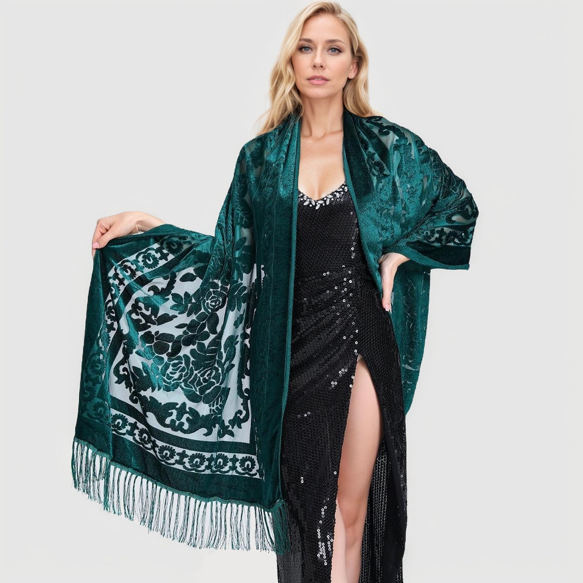 K794 New ethnic style elegant velvet cheongsam shawl versatile long tassel scarf warm air conditioning shawl