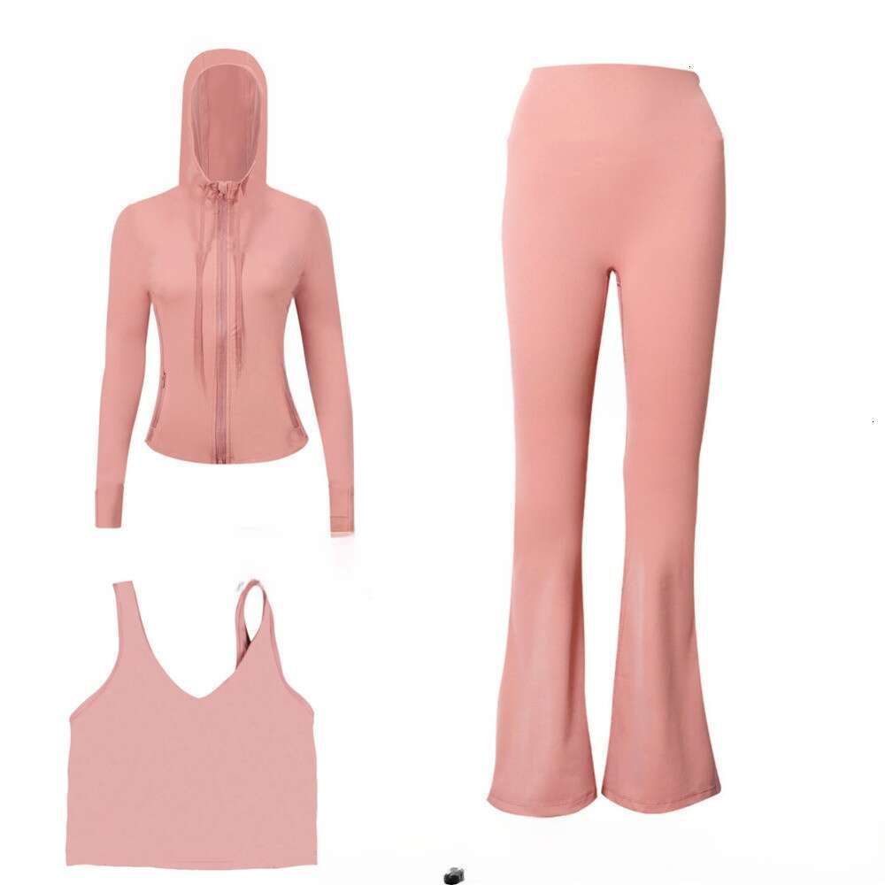 Designer Women Yoga Clothes 3 Piece with Long Sleeve Hooded Jacket Crop Top Vest and Bell Bottom Leggings Pants Comfortable Stretchy Gym Set Pilates A