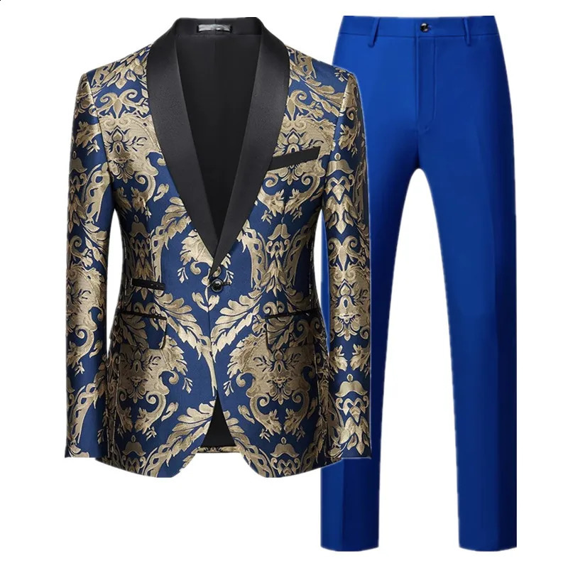 Men Jacquard Suit 2 Piece Black / Blue / Red Fashion Male Business Wedding Prom Party Dress Blazer Jacket and Pants 250517