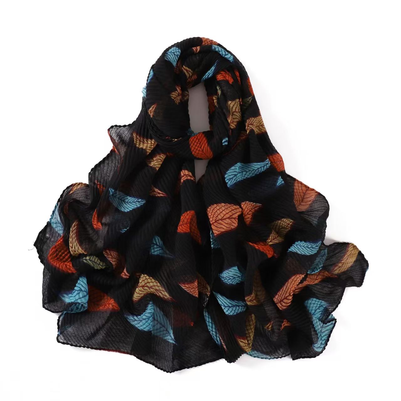 T771 Fashion Colorful Leaf Crumpled Printed Long Scarf Pleated Cotton and Linen Scarf Shawl Dual-purpose Cotton Neck