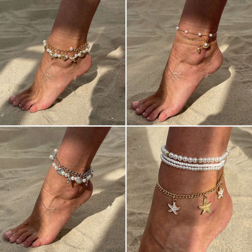 Layered Starfish Pearl Anklet Adjustable Beach Foot Jewelry with Metallic Seashell Charm Gold and White