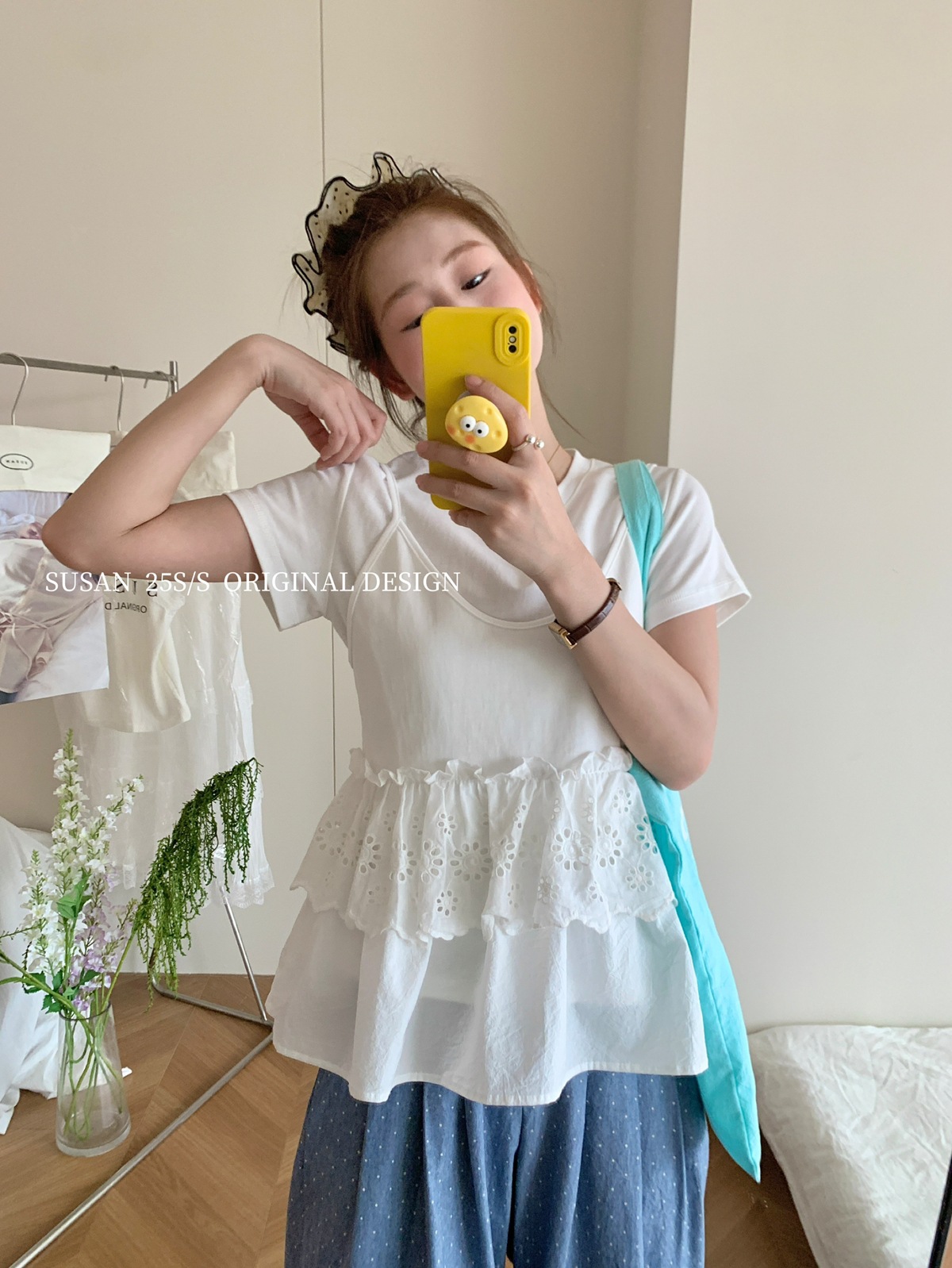 LW230 Summer Korean hollow lace stitching camisole short-sleeved T-shirt top
