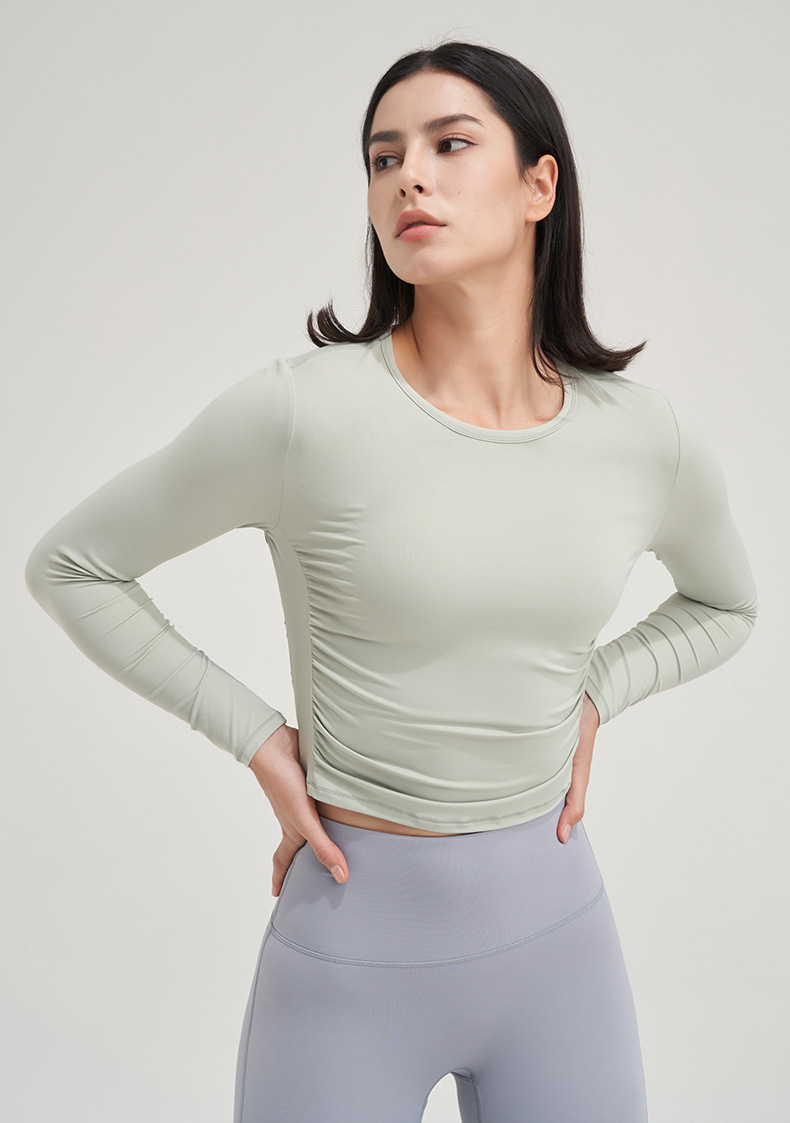 Side Waist Elastic Wrinkle Sports Long Sleeve Yoga Outfits Tops Slim Skin Nude Feeling Solid Color Casual Suit Shirt Gym Clothes Women