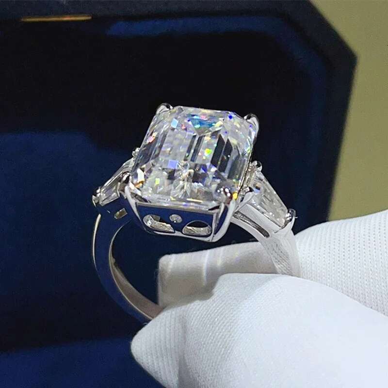 bxiny 5 10ct emerald cut all moissanite rings s925 silver baguette 3stone diamond women men gra certified wedding bands jewelry