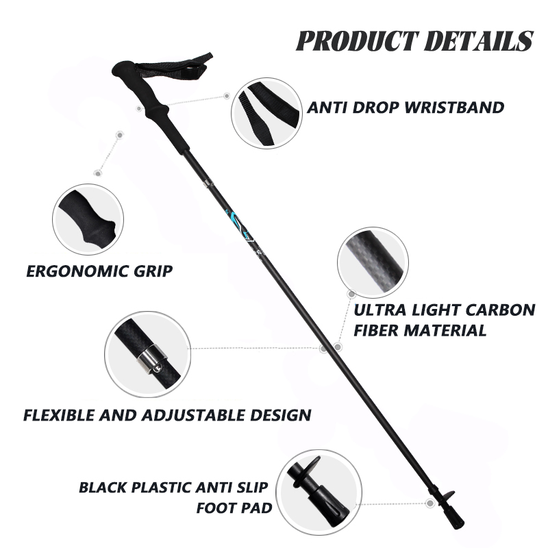 OKHEALING Carbon Fiber Trekking Poles Ultra-light Off-road Collapsible Cane Portable Walking Stick with EVA Handle for Hiking, Camping, Mountaining, B