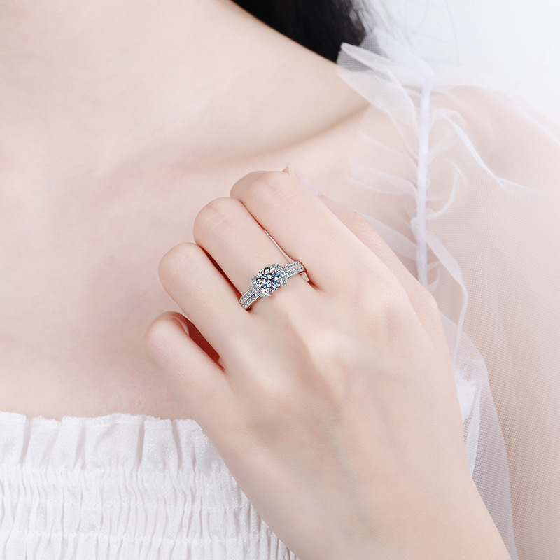 925 Sterling Silver Ring with Moissanite Center and Full Diamond Accent, Elegant Engagement Ring for Women