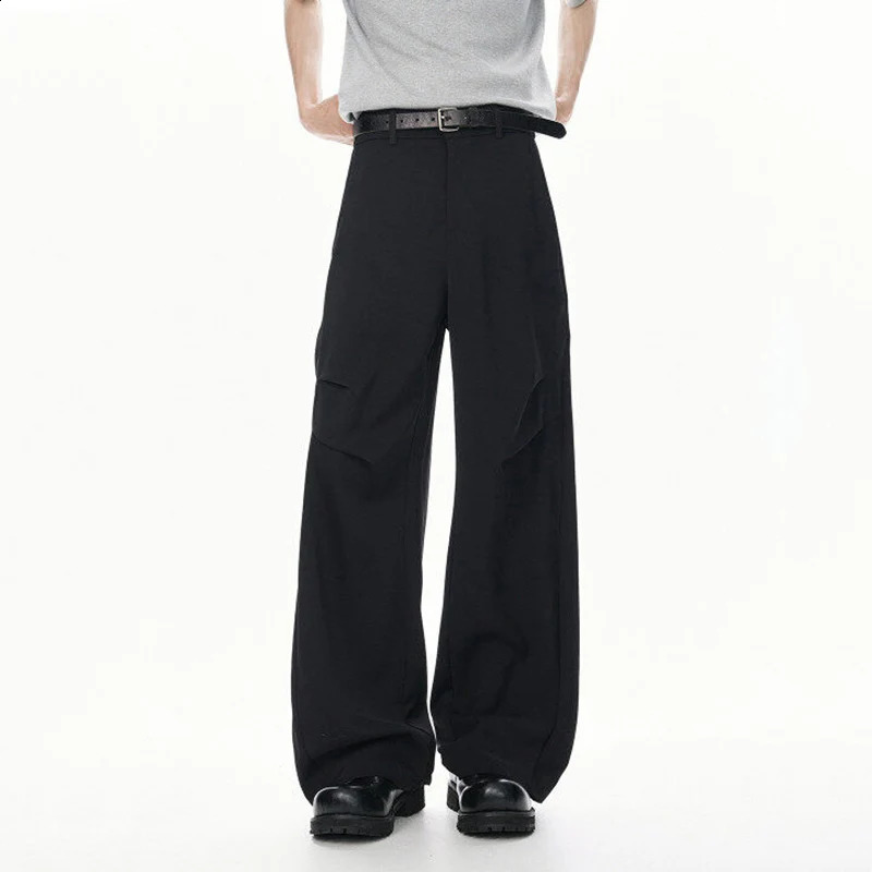 FEWQ Korean Style Mens Suit Pants Solid Color Ice Silk Pleated Casual Bottom Drape Wide Leg Loose Male Trousers 24K4297 250521