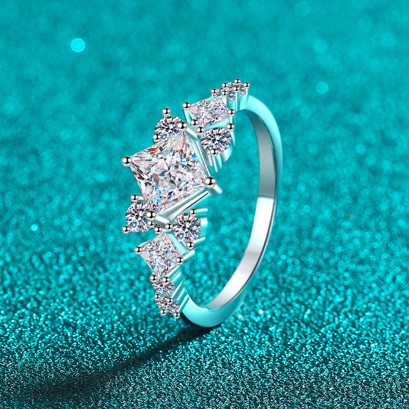 S925 Silver Moissanite Ring with Geometric Square Design - Elegant Luxury Engagement Ring for Women
