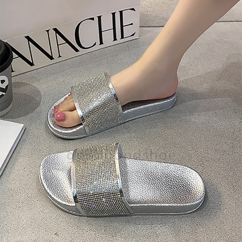 2025 designer sandals womens slides flash diamond slippers summer pool beach casual flat soft sliders outdoor indoor black rose gold silver non-slip c