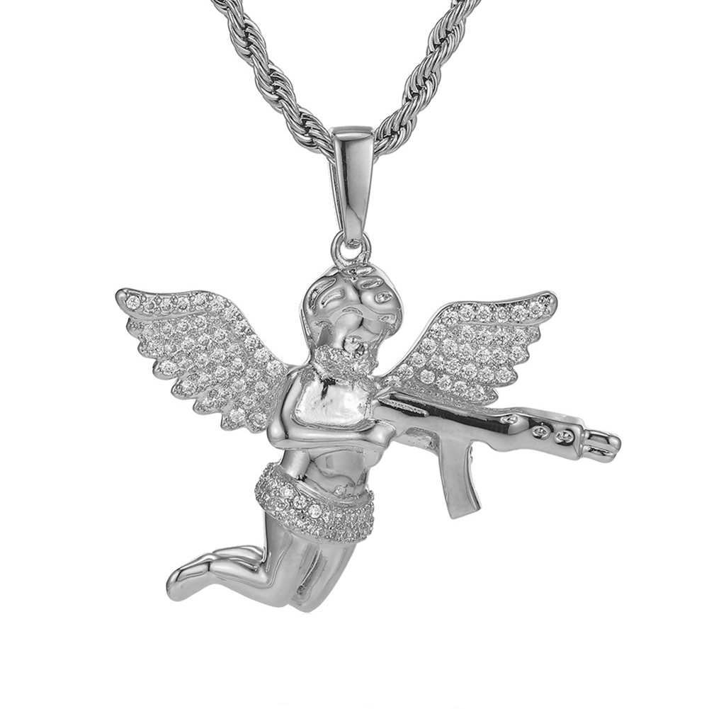 Hip Hop Revenge Angel with Gun Pendant Necklace Full Zircon Winging Angel Men Women Lover Couple Jewelry