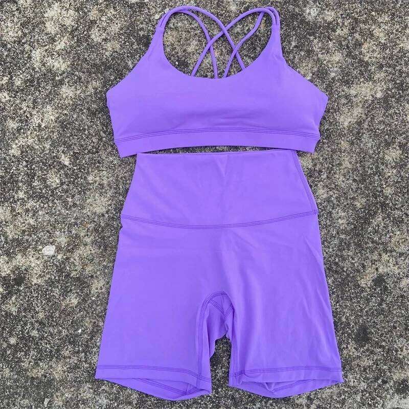 Solid Color Soft Women Yoga Cycling Set Cross Back Gym Bra+High Waist Short Leggings High impact shockproof Sportwear