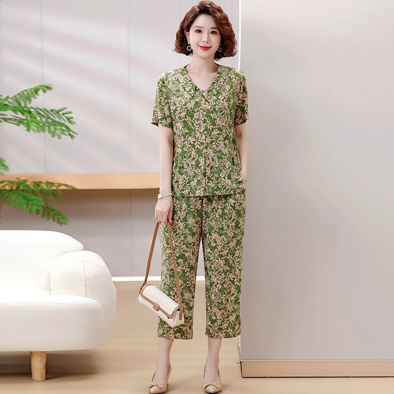 Summer Leisure Ice Silk Set Indoor Comfortable Tshirtpants Natural Aesthetics Plus Size 2025 Loose Pajamas 250516Z