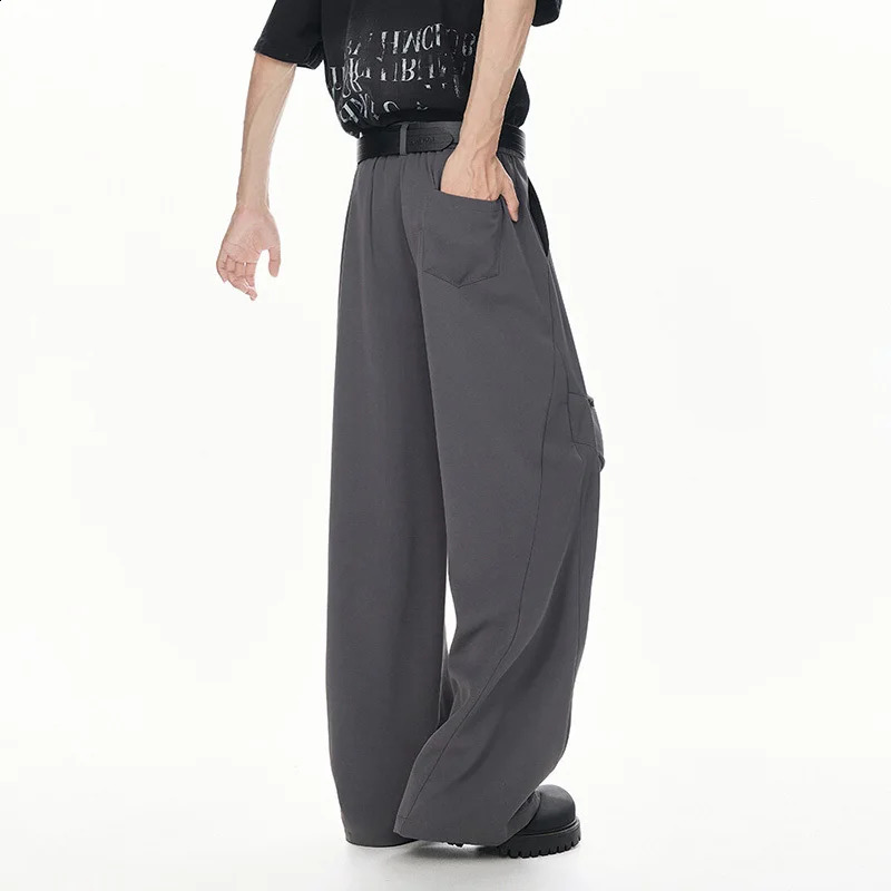 FEWQ Korean Style Mens Suit Pants Solid Color Ice Silk Pleated Casual Bottom Drape Wide Leg Loose Male Trousers 24K4297 250521