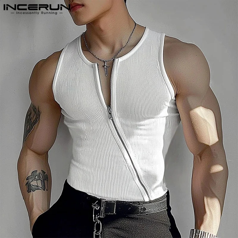 Men Tank Tops Solid Color Knitted Zipper Sleeveless Male Vests Summer Streetwear Skinny Fashion Men Clothing S-3XL INCERUN 250519CJ