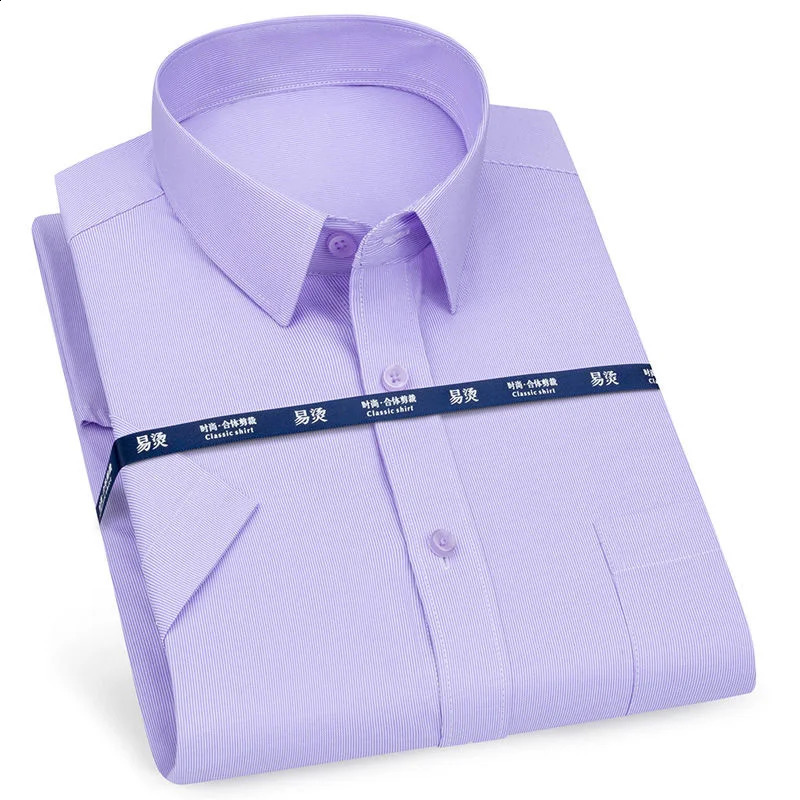 Mens Short Sleeve Shirt Business Casual Classic Plaid Striped Checked Male Social Dress Shirts Purple Blue 5XL Plus Large Size y250519